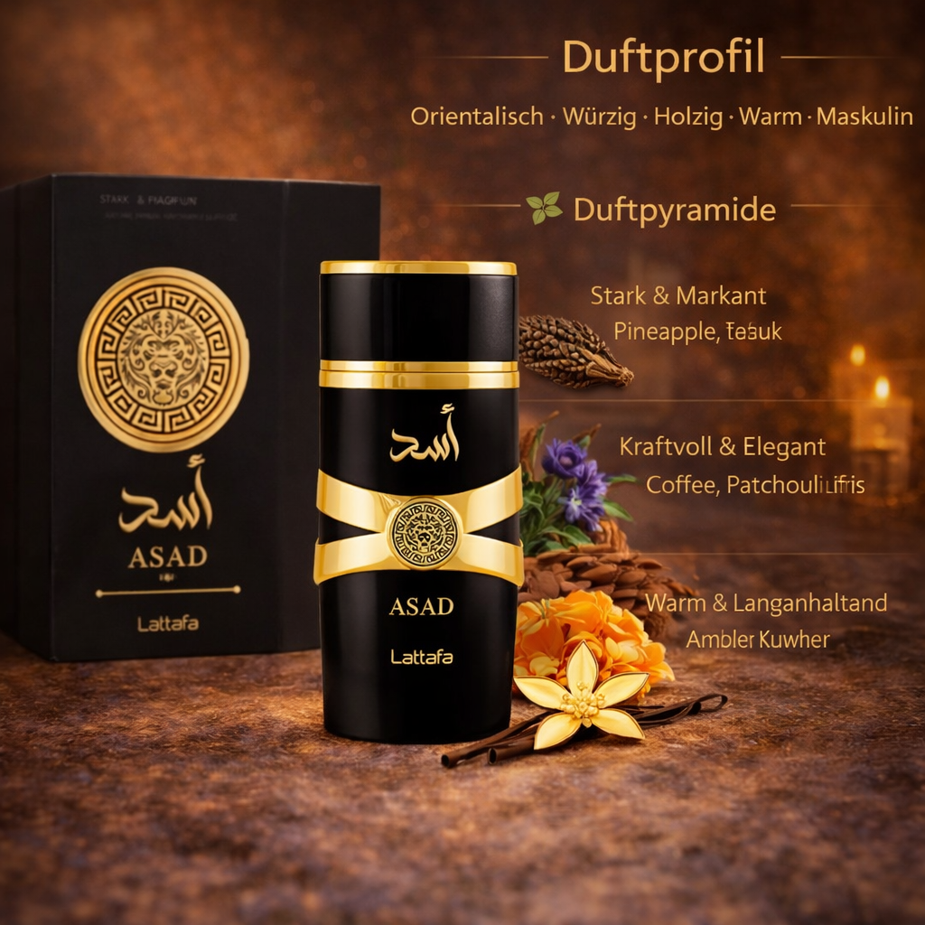 Lattafa ASAD Eau de Parfum – schwarzer Herrenflakon mit goldenen Details neben passender schwarzer Verpackung mit Löwenemblem, inszeniert vor warmem, orientalischem Hintergrund mit Gewürzen und Blüten sowie eingeblendeter Duftbeschreibung (orientalisch, würzig, holzig, warm, maskulin).