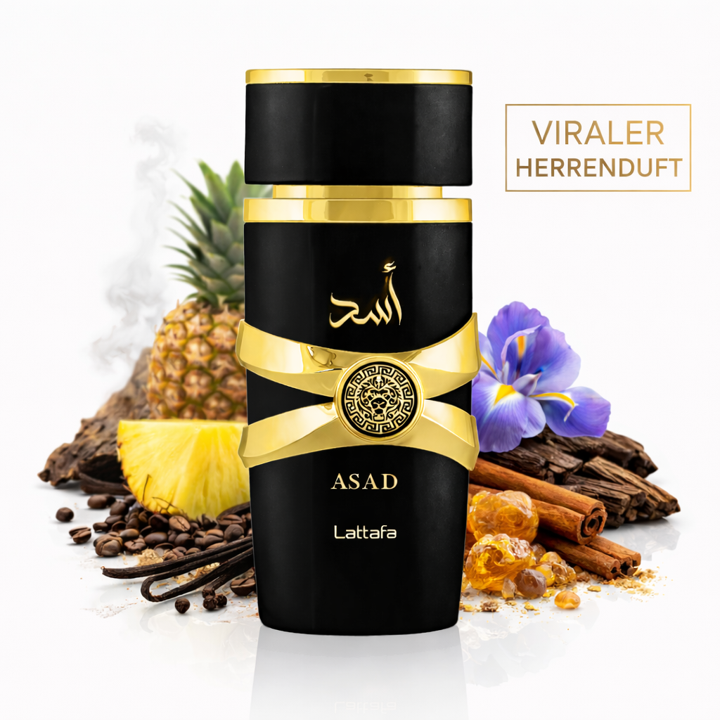 Schwarzer und goldener Parfumflakon „ASAD“ von Lattafa mit dekorativem Goldemblem, inszeniert vor Ananas, Vanilleschoten, Kaffeebohnen, Zimt, Harz und lila Blüte; daneben der Schriftzug „Viraler Herrenduft“.