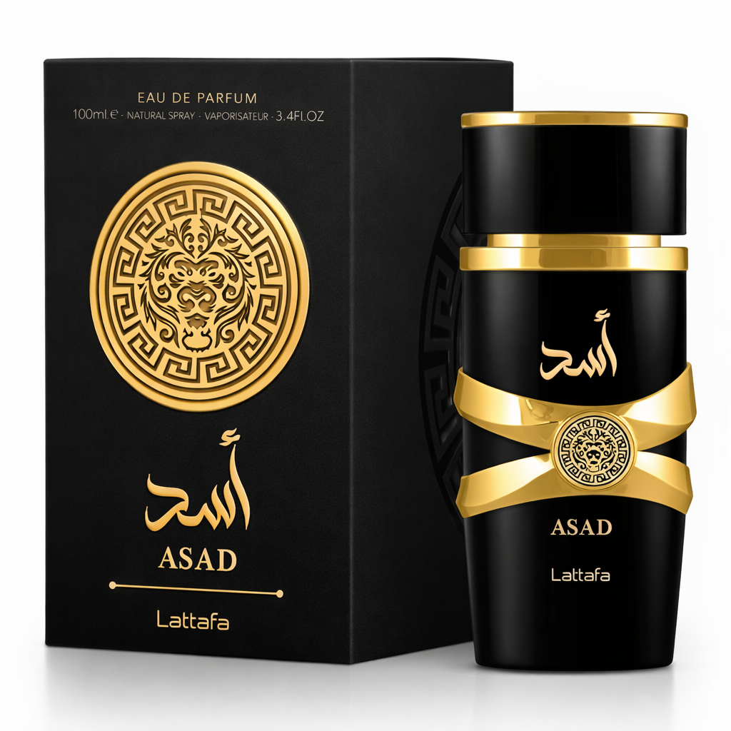 Lattafa ASAD Eau de Parfum (100 ml) – schwarzer, zylindrischer Flakon mit goldenen Akzenten und Emblem, neben einer schwarzen Verpackung mit goldfarbenem Löwenmedaillon und Schriftzug.
