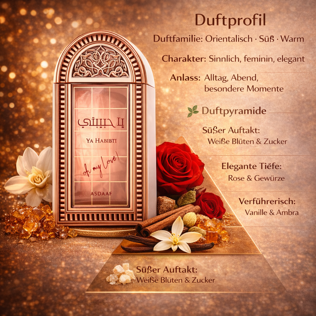 Duftprofil-Grafik des Parfums „Ya Habibi – Asdaaf“ mit roségoldenem, orientalisch verziertem Flakon vor warm goldenem Hintergrund. Umgeben von Rosen, weißer Blüte, Zimt, Vanille, Amberharz und Zucker. Text beschreibt die Duftfamilie orientalisch, süß und warm sowie die Duftpyramide mit weißen Blüten & Zucker, Rose & Gewürzen sowie Vanille & Ambra.