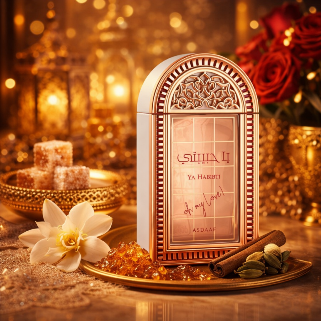 Parfum „Ya Habibi – Asdaaf“ in roségoldenem, orientalisch verziertem Flakon auf goldenem Tablett. Umgeben von Zimtstange, Kardamomkapseln, amberfarbenen Harzkristallen und weißer Blüte, vor warm leuchtendem Hintergrund mit Kerzen und roten Rosen – ein sinnlich-orientalisches Duftarrangement. 