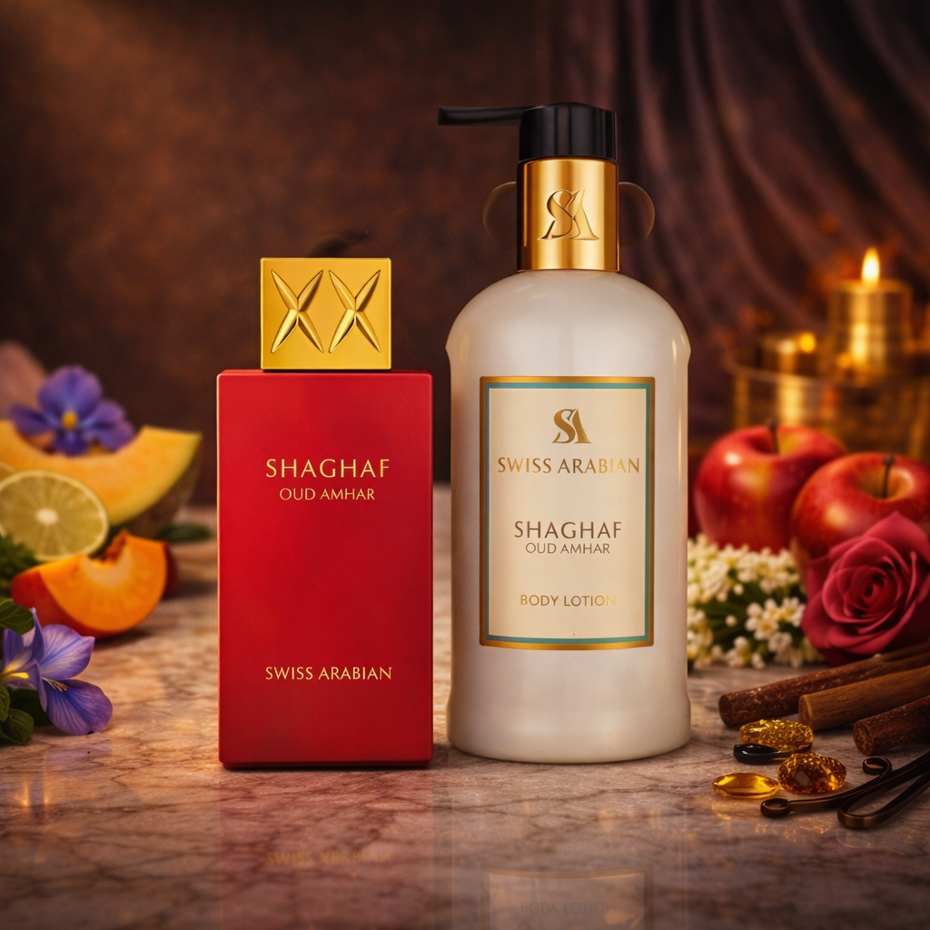 Swiss Arabian Shaghaf Oud Tonka Set | Shaghaf Oud Ahmar Set – Eau de Parfum & Body Lotion Set | Gourmand Amber Duft