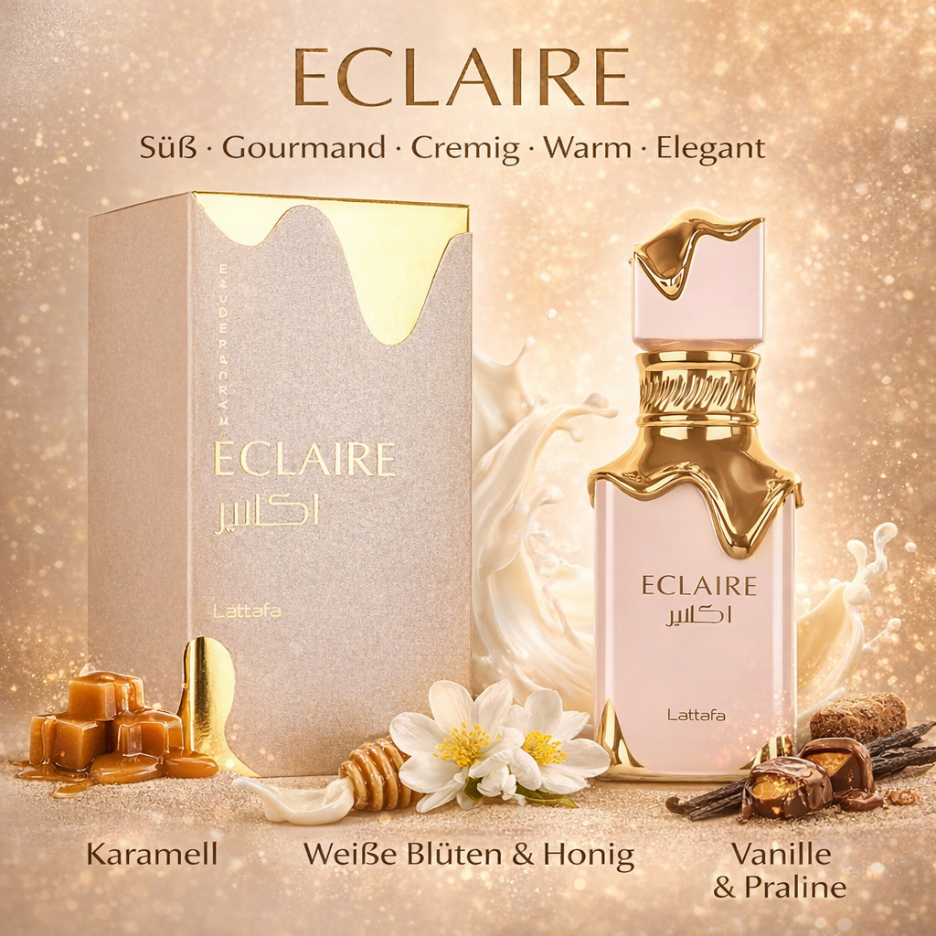 Eclaire Eau de Parfum von Lattafa mit roséfarbener Flasche und goldenen Akzenten neben passender Verpackung vor goldenem, funkelndem Hintergrund. Umgeben von Karamellstücken, weißen Blüten mit Honig, Vanilleschoten und Pralinen. Text im Bild: „Süß · Gourmand · Cremig · Warm · Elegant“ sowie Duftnoten „Karamell“, „Weiße Blüten & Honig“ und „Vanille & Praline“.