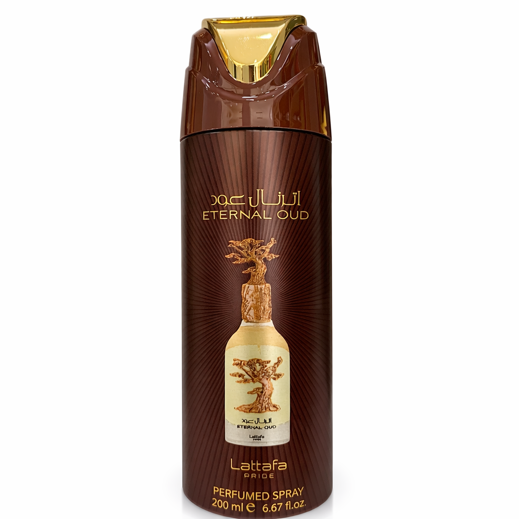 Lattafa Pride Eternal Oud Parfüm-Deospray (200 ml) in dunkelbrauner Spraydose mit goldener Kappe und Flakon-Abbildung, freigestellt vor weißem Hintergrund.