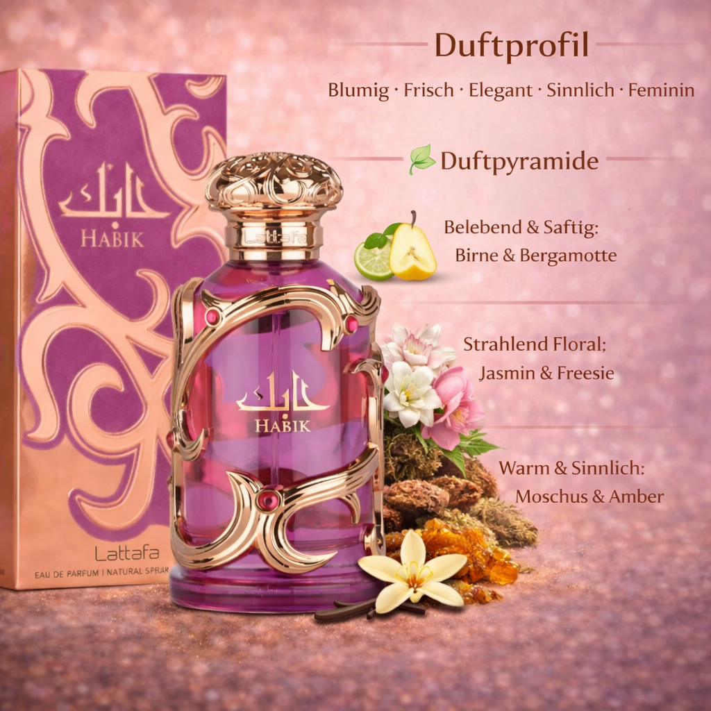 Lattafa „Habik“ Eau de Parfum mit violettem Glasflakon und goldenen Ornamenten neben der passenden Verpackung, dargestellt vor roséfarbenem Hintergrund mit Duftprofil-Grafik und Noten von Birne, Bergamotte, Jasmin, Freesie, Moschus und Amber.