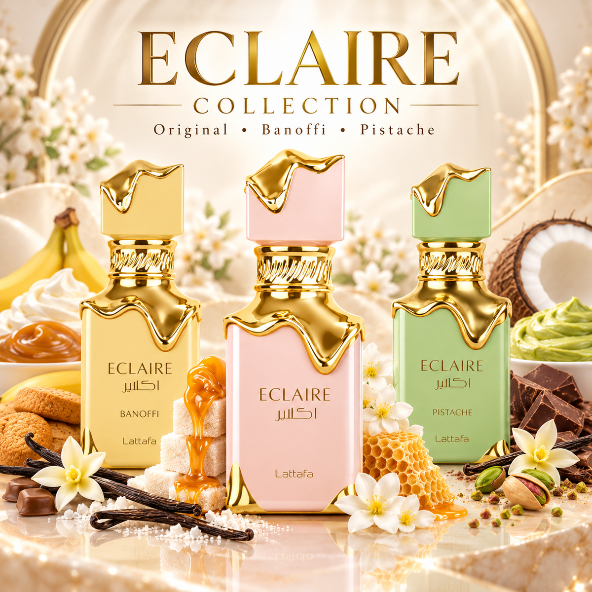 Lattafa Eclaire Collection Eau de Parfum 100 ml – Eclaire, Eclaire Banoffi & Eclaire Pistache | 3 süße Gourmand-Düfte zur Auswahl
