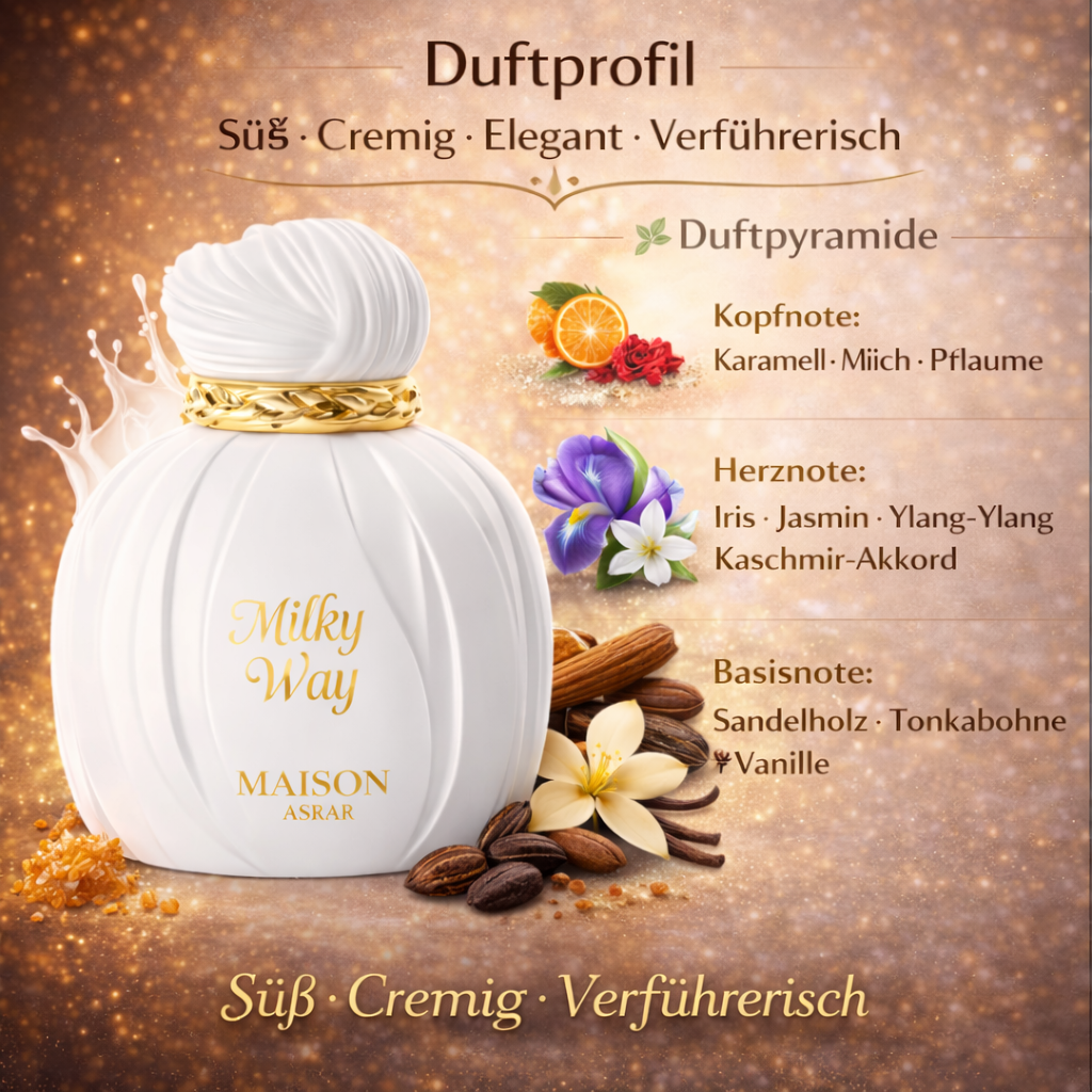 Duftprofil von Milky Way Maison Asrar – weißer Flakon mit goldenen Details, umgeben von Karamell, Milch, Pflaume, Iris, Jasmin, Ylang-Ylang, Sandelholz, Tonkabohne und Vanille.