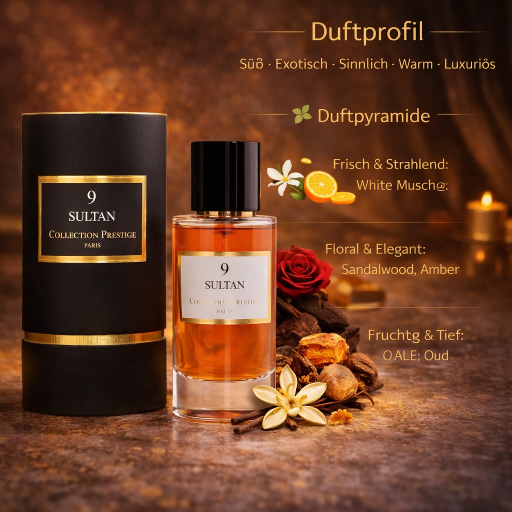 Sultan 9 Collection Prestige Eau de Parfum mit schwarzer Zylinderverpackung und Glasflakon vor warmem, luxuriösem Hintergrund, umgeben von Rose, Vanille, Harzen und Gewürzen; eingeblendetes Duftprofil mit Noten von White Musk, Sandelholz, Amber und Oud.