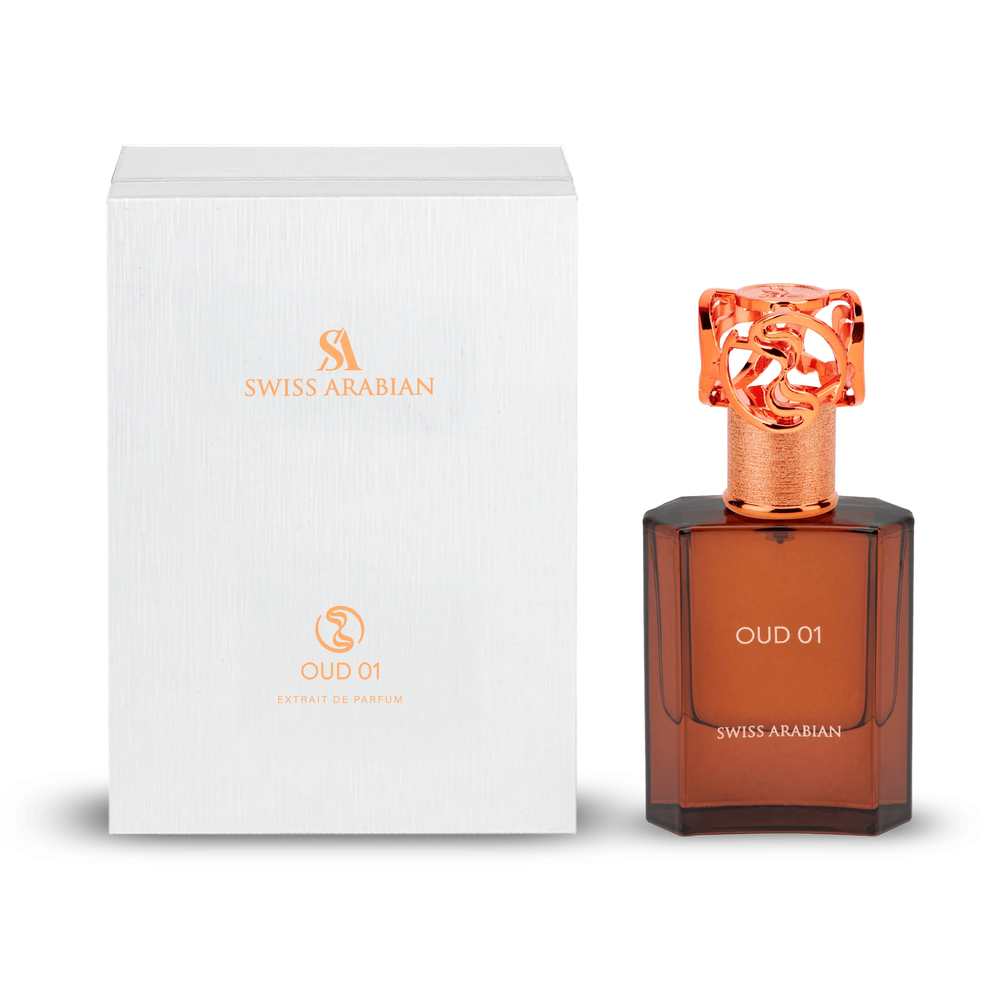 Swiss Arabian OUD 01 Extrait de Parfum mit weißer, strukturierter Verpackung und bernsteinfarbenem Glasflakon mit kupferfarbenem, ornamentalem Verschluss vor transparentem Hintergrund.