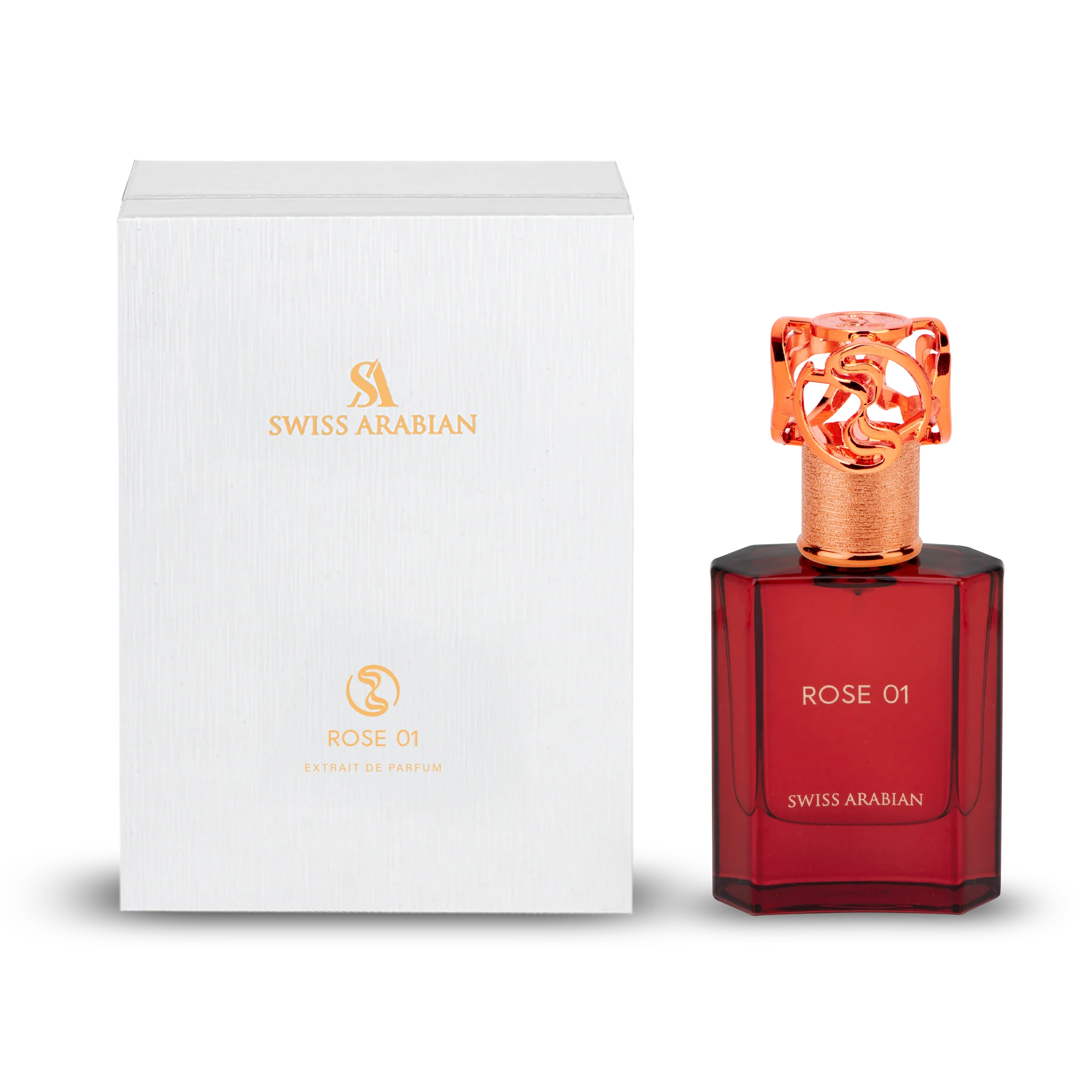 Swiss Arabian Rose 01 Extrait de Parfum mit rotem Glasflakon und roségoldenem, ornamentalem Verschluss neben weißer Originalverpackung.