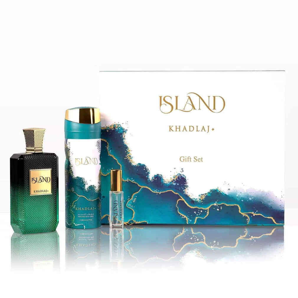 Khadlaj Island 3-teiliges Duftset – Extrait de Parfum 100 ml + Körperspray 200 ml + Reiseparfum 10 ml | Tropisch, Frisch & Exotisch